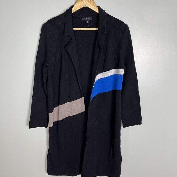 Alfani Trench‎ Cardigan Sweater Woman’s Sz PM Petite M Black Cotton Open Front - Picture 1 of 7